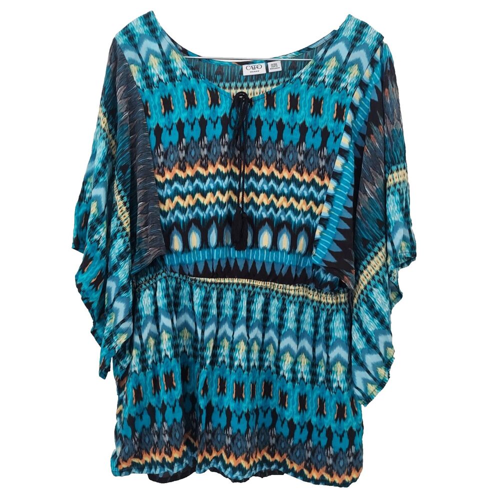 Cato Teal Colorful Top 14/16W Waterfall Sleeves Blouson Blouse L / XL Stretchy